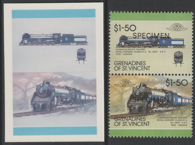 St Vincent - Grenadines 1987 Locomotives #8 (Leaders of the World) $1.50 Canadian Pacific Class H1d se-tenant imperf die proof in magenta & cyan only on Cromalin plastic card (ex archives) complete with issued SPECIMEN pair. (SG 532a). Cromalin proofs are an essential part of the printing proces, produced in very limited numbers and rarely offered on the open market., stamps on , stamps on stamps on railways
