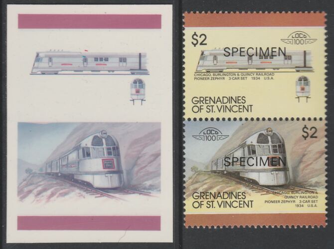 St Vincent - Grenadines 1987 Locomotives #8 (Leaders of the World) $2 Chicago Burlington & Quincy Pioneer Zephyr se-tenant imperf die proof in magenta & cyan only on Cromalin plastic card (ex archives) complete with issued SPECIMEN pair. (SG 534a). Cromalin proofs are an essential part of the printing proces, produced in very limited numbers and rarely offered on the open market., stamps on , stamps on  stamps on railways