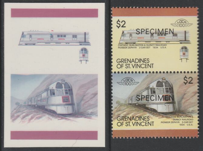 St Vincent - Grenadines 1987 Locomotives #8 (Leaders of the World) $2 Chicago Burlington & Quincy Pioneer Zephyr se-tenant imperf die proof in magenta & cyan only on Cromalin plastic card (ex archives) complete with issued SPECIMEN pair. (SG 534a). Cromalin proofs are an essential part of the printing proces, produced in very limited numbers and rarely offered on the open market., stamps on , stamps on stamps on railways