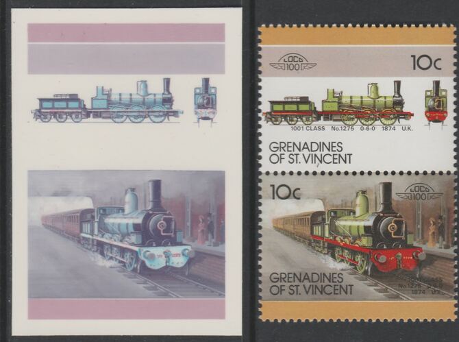 St Vincent - Grenadines 1987 Locomotives #7 (Leaders of the World) 10c UK 1001 Class se-tenant imperf die proof in magenta & cyan only on Cromalin plastic card (ex archives) complete with issued normal pair. (SG 504a). Cromalin proofs are an essential part of the printing proces, produced in very limited numbers and rarely offered on the open market., stamps on , stamps on stamps on railways