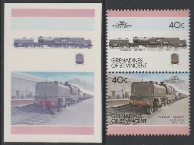 St Vincent - Grenadines 1987 Locomotives #7 (Leaders of the World) 40c UK Garratt Class 4P se-tenant imperf die proof in magenta & cyan only on Cromalin plastic card (ex archives) complete with issued normal pair. (SG 506a). Cromalin proofs are an essential part of the printing proces, produced in very limited numbers and rarely offered on the open market., stamps on , stamps on stamps on railways