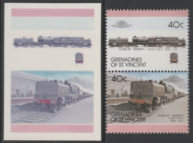 St Vincent - Grenadines 1987 Locomotives #7 (Leaders of the World) 40c UK Garratt Class 4P se-tenant imperf die proof in magenta & cyan only on Cromalin plastic card (ex archives) complete with issued normal pair. (SG 506a). Cromalin proofs are an essential part of the printing proces, produced in very limited numbers and rarely offered on the open market., stamps on , stamps on  stamps on railways