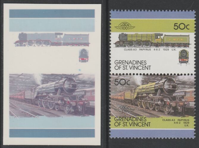 St Vincent - Grenadines 1987 Locomotives #7 (Leaders of the World) 50c LNER Class A3 se-tenant imperf die proof in magenta & cyan only on Cromalin plastic card (ex archiv..., stamps on railways