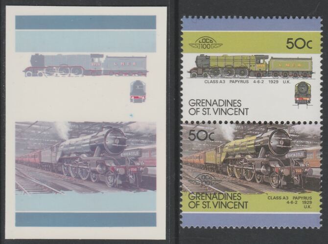 St Vincent - Grenadines 1987 Locomotives #7 (Leaders of the World) 50c LNER Class A3 se-tenant imperf die proof in magenta & cyan only on Cromalin plastic card (ex archives) complete with issued normal pair. (SG 508a). Cromalin proofs are an essential part of the printing proces, produced in very limited numbers and rarely offered on the open market., stamps on , stamps on stamps on railways