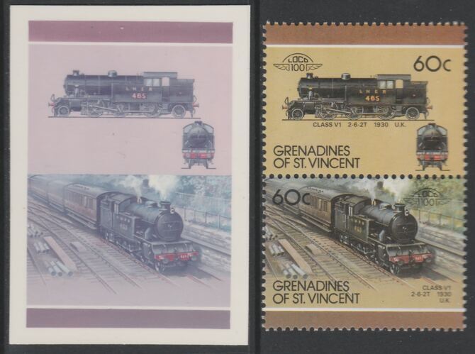 St Vincent - Grenadines 1987 Locomotives #7 (Leaders of the World) 60c LNER Class V1 se-tenant imperf die proof in magenta & cyan only on Cromalin plastic card (ex archives) complete with issued normal pair. (SG 510a). Cromalin proofs are an essential part of the printing proces, produced in very limited numbers and rarely offered on the open market., stamps on , stamps on stamps on railways