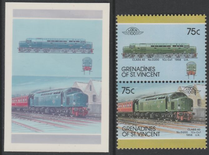 St Vincent - Grenadines 1987 Locomotives #7 (Leaders of the World) 75c UK Diesel Class 40 se-tenant imperf die proof in magenta & cyan only on Cromalin plastic card (ex archives) complete with issued normal pair. (SG 512a). Cromalin proofs are an essential part of the printing proces, produced in very limited numbers and rarely offered on the open market., stamps on , stamps on stamps on railways