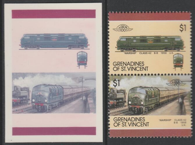 St Vincent - Grenadines 1987 Locomotives #7 (Leaders of the World) $1 UK Warship Class 42 se-tenant imperf die proof in magenta & cyan only on Cromalin plastic card (ex archives) complete with issued normal pair. (SG 514a). Cromalin proofs are an essential part of the printing proces, produced in very limited numbers and rarely offered on the open market., stamps on , stamps on  stamps on railways