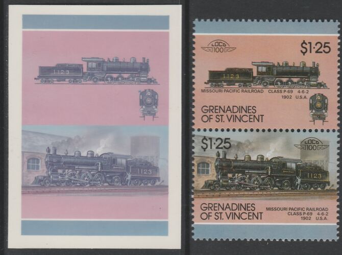St Vincent - Grenadines 1987 Locomotives #7 (Leaders of the World) $1.25 Missouri Pacific Class P-69 se-tenant imperf die proof in magenta & cyan only on Cromalin plastic card (ex archives) complete with issued normal pair. (SG 516a). Cromalin proofs are an essential part of the printing proces, produced in very limited numbers and rarely offered on the open market., stamps on , stamps on  stamps on railways