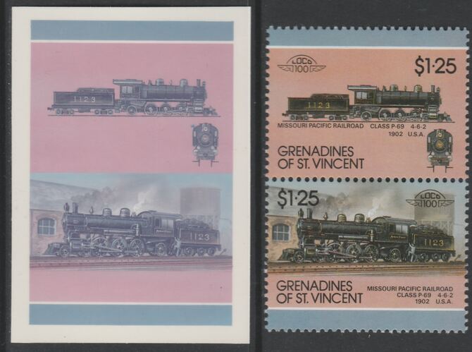 St Vincent - Grenadines 1987 Locomotives #7 (Leaders of the World) $1.25 Missouri Pacific Class P-69 se-tenant imperf die proof in magenta & cyan only on Cromalin plastic card (ex archives) complete with issued normal pair. (SG 516a). Cromalin proofs are an essential part of the printing proces, produced in very limited numbers and rarely offered on the open market., stamps on , stamps on stamps on railways