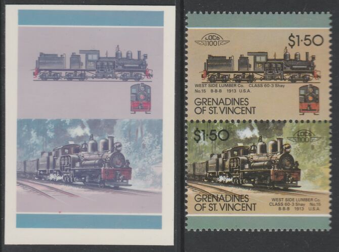St Vincent - Grenadines 1987 Locomotives #7 (Leaders of the World) $1.50 West Side Lumber CoClass 60-3 se-tenant imperf die proof in magenta & cyan only on Cromalin plast..., stamps on railways