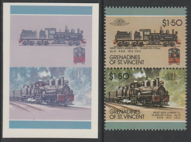 St Vincent - Grenadines 1987 Locomotives #7 (Leaders of the World) $1.50 West Side Lumber CoClass 60-3 se-tenant imperf die proof in magenta & cyan only on Cromalin plastic card (ex archives) complete with issued normal pair. (SG 518a). Cromalin proofs are an essential part of the printing proces, produced in very limited numbers and rarely offered on the open market., stamps on , stamps on stamps on railways