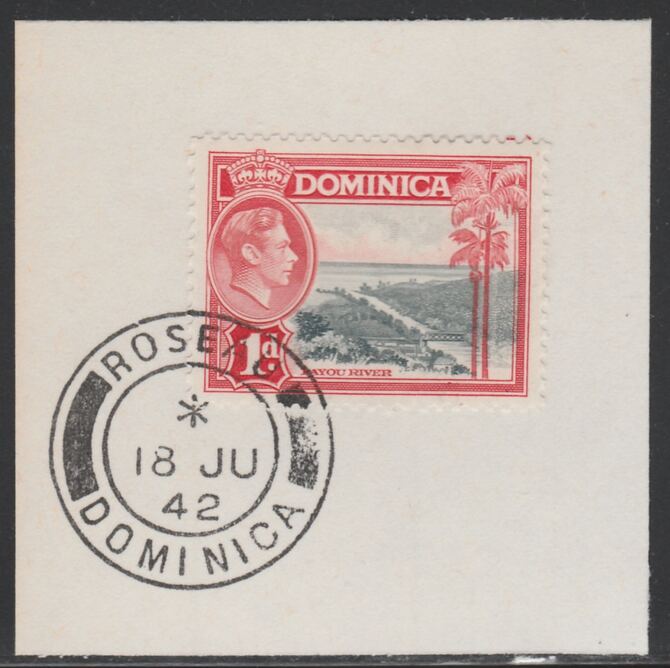 Dominica 1938-47 KG6 1d Layou River on piece with full strike of Madame Joseph forged postmark type 143, stamps on , stamps on  stamps on , stamps on  stamps on  kg6 , stamps on  stamps on 