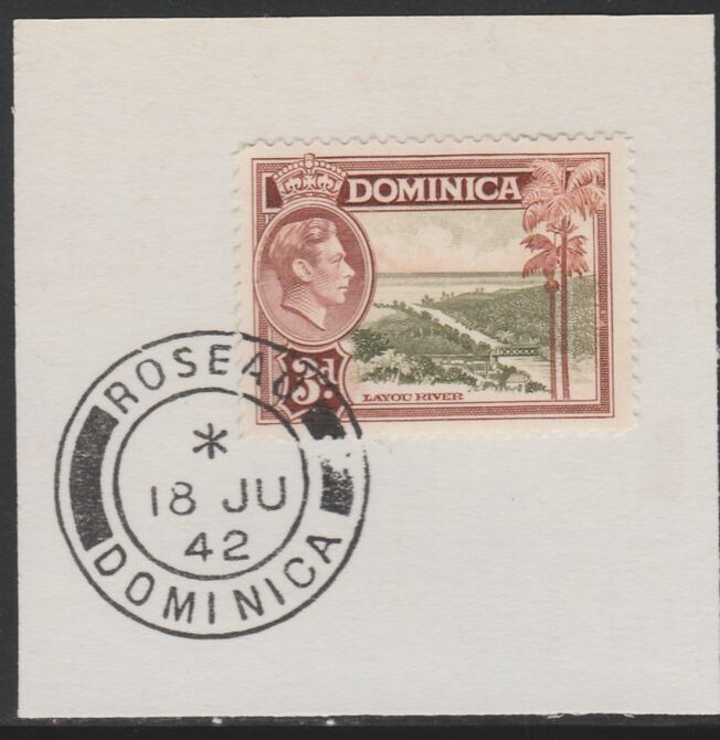 Dominica 1938-47 KG6 3d Layou River on piece with full strike of Madame Joseph forged postmark type 143, stamps on , stamps on  stamps on , stamps on  stamps on  kg6 , stamps on  stamps on 