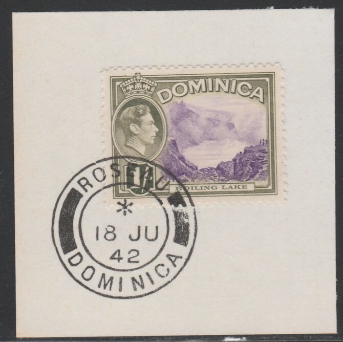 Dominica 1938-47 KG6 1s Boiling Lake on piece with full strike of Madame Joseph forged postmark type 143, stamps on , stamps on  kg6 , stamps on 