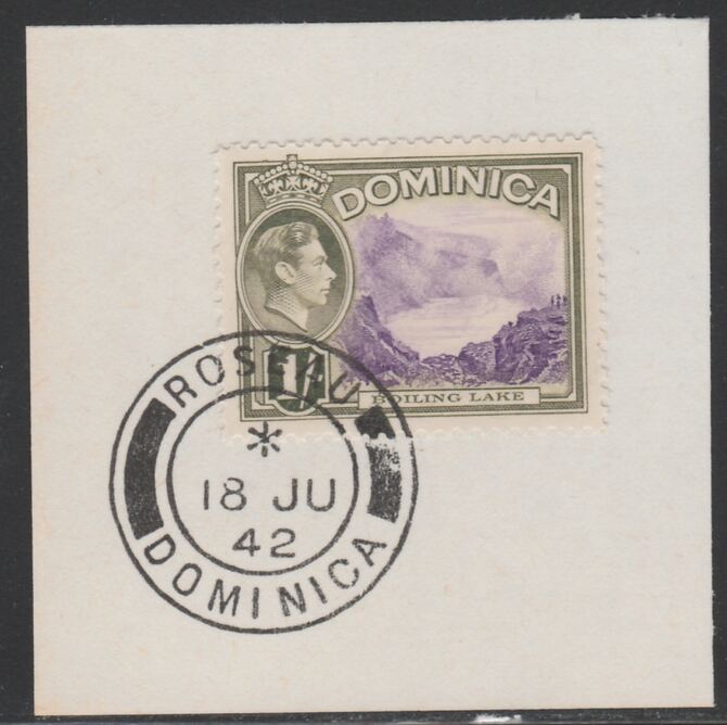 Dominica 1938-47 KG6 1s Boiling Lake on piece with full strike of Madame Joseph forged postmark type 143, stamps on , stamps on  stamps on , stamps on  stamps on  kg6 , stamps on  stamps on 