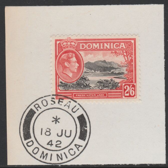 Dominica 1938-47 KG6 2s6d Freshwater Lake on piece with full strike of Madame Joseph forged postmark type 143, stamps on , stamps on  kg6 , stamps on 