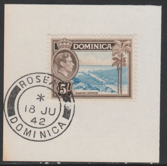 Dominica 1938-47 KG6 5s Layou River on piece with full strike of Madame Joseph forged postmark type 143, stamps on , stamps on  stamps on , stamps on  stamps on  kg6 , stamps on  stamps on 