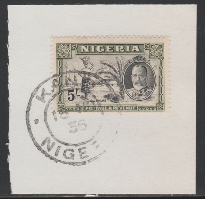 Nigeria 1936 KG5 Pictorial 5s black & olive, SG 43 on piece with full strike of Madame Joseph forged postmark type 302, stamps on , stamps on  kg5 , stamps on 