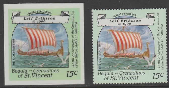 St Vincent - Bequia 1988 Explorers 15c Leif Erikssons Gokstad Ship die proof in all 4 colours on Cromalin plastic card (ex archives) complete with issued stamp. Cromalin ..., stamps on explorers, stamps on personalities, stamps on ships