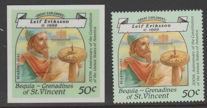 St Vincent - Bequia 1988 Explorers 50c Leif Eriksson die proof in all 4 colours on Cromalin plastic card (ex archives) complete with issued stamp. Cromalin proofs are an essential part of the printing proces, produced in very limited numbers and rarely offered on the open market., stamps on , stamps on  stamps on explorers, stamps on  stamps on personalities, stamps on  stamps on ships