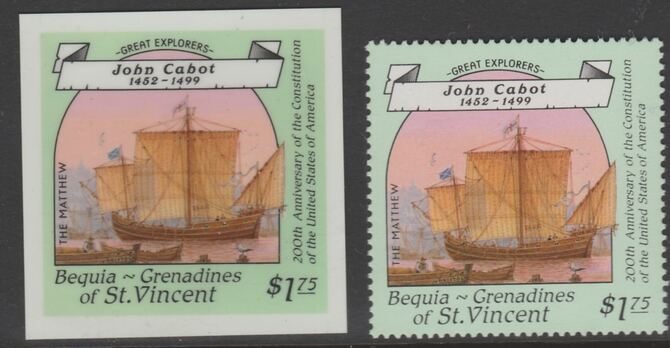 St Vincent - Bequia 1988 Explorers $1.75 John Cabot's Matthew die proof in all 4 colours on Cromalin plastic card (ex archives) complete with issued stamp. Cromalin proofs are an essential part of the printing proces, produced in very limited numbers and rarely offered on the open market., stamps on , stamps on  stamps on explorers, stamps on  stamps on personalities, stamps on  stamps on ships