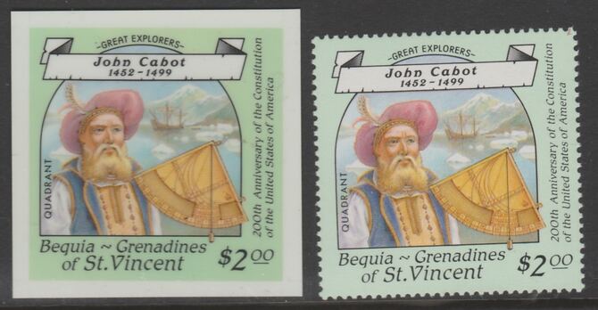 St Vincent - Bequia 1988 Explorers $2 John Cabot die proof in all 4 colours on Cromalin plastic card (ex archives) complete with issued stamp. Cromalin proofs are an esse..., stamps on explorers, stamps on personalities, stamps on ships