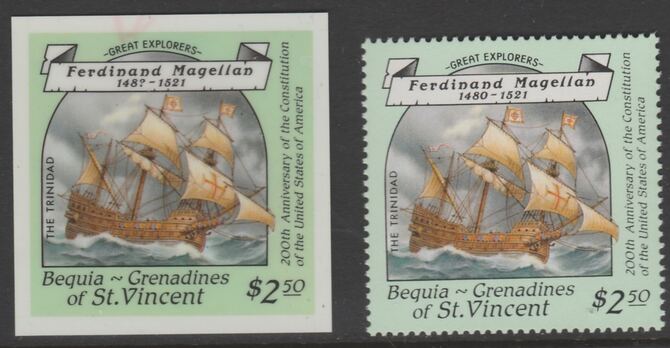 St Vincent - Bequia 1988 Explorers $2.50 Ferdinand Magellans Ship The Trinidad die proof in all 4 colours on Cromalin plastic card (ex archives) complete with issued stam..., stamps on explorers, stamps on personalities, stamps on ships
