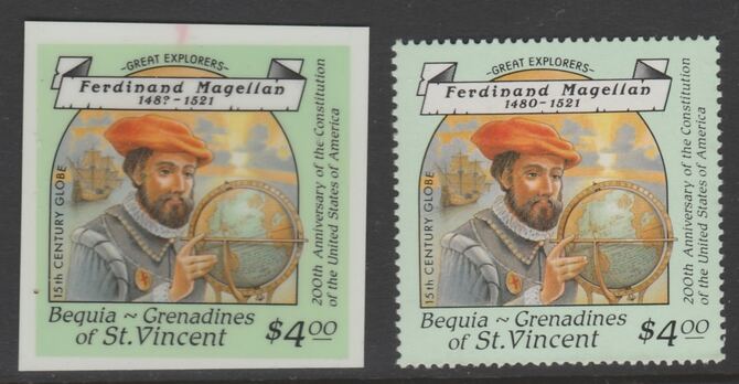 St Vincent - Bequia 1988 Explorers $4 Ferdinand Magellan die proof in all 4 colours on Cromalin plastic card (ex archives) complete with issued stamp. Cromalin proofs are an essential part of the printing proces, produced in very limited numbers and rarely offered on the open market., stamps on , stamps on  stamps on explorers, stamps on  stamps on personalities, stamps on  stamps on ships