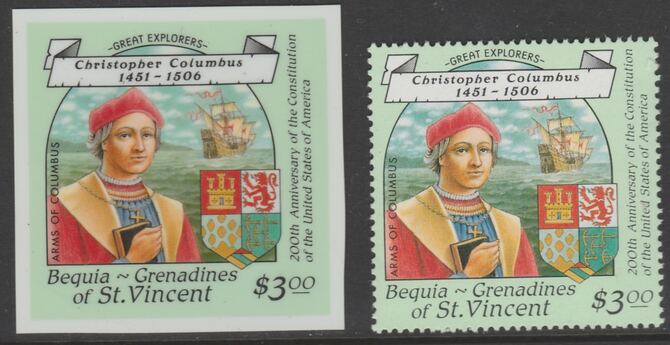 St Vincent - Bequia 1988 Explorers $3.0 Christopher Columbus die proof in all 4 colours on Cromalin plastic card (ex archives) complete with issued stamp. Cromalin proofs are an essential part of the printing proces, produced in very limited numbers and rarely offered on the open market., stamps on , stamps on  stamps on explorers, stamps on  stamps on personalities, stamps on  stamps on ships, stamps on  stamps on columbus