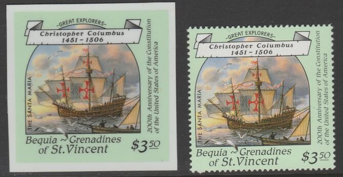 St Vincent - Bequia 1988 Explorers $3.50 Christopher Columbus' Santa Maria die proof in all 4 colours on Cromalin plastic card (ex archives) complete with issued stamp. Cromalin proofs are an essential part of the printing proces, produced in very limited numbers and rarely offered on the open market., stamps on , stamps on  stamps on explorers, stamps on  stamps on personalities, stamps on  stamps on ships, stamps on  stamps on columbus