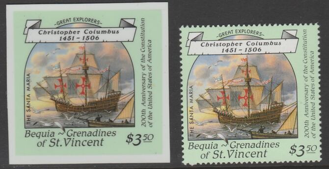 St Vincent - Bequia 1988 Explorers $3.50 Christopher Columbus' Santa Maria die proof in all 4 colours on Cromalin plastic card (ex archives) complete with issued stamp. Cromalin proofs are an essential part of the printing proces, produced in very limited numbers and rarely offered on the open market., stamps on , stamps on stamps on explorers, stamps on stamps on personalities, stamps on stamps on ships, stamps on stamps on columbus