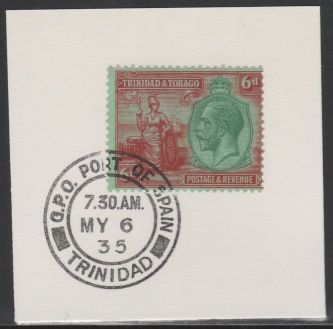 Trinidad & Tobago 1922-28 KG5  & Britannia 6d green & red on emerald (SG226) on piece with full strike of Madame Joseph forged postmark type 421, stamps on , stamps on  kg5 , stamps on britannia