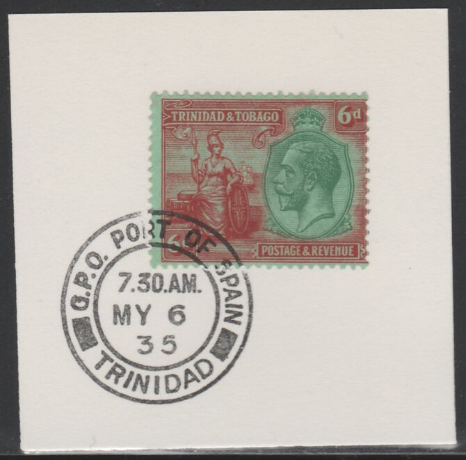 Trinidad & Tobago 1922-28 KG5  & Britannia 6d green & red on emerald (SG226) on piece with full strike of Madame Joseph forged postmark type 421, stamps on , stamps on  stamps on , stamps on  stamps on  kg5 , stamps on  stamps on britannia