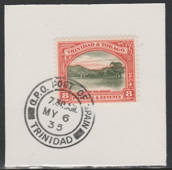 Trinidad & Tobago 1935-37 KG5  Pictorial 8c (SG234) on piece with full strike of Madame Joseph forged postmark type 421, stamps on , stamps on  kg5 , stamps on 