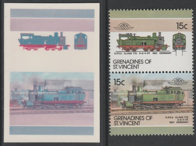 St Vincent - Grenadines 1986 Locomotives #6 (Leaders of the World) 15c KPEV Class T15 se-tenant imperf die proof in magenta & cyan only on Cromalin plastic card (ex archives) complete with issued normal pair. (SG 443a). Cromalin proofs are an essential part of the printing proces, produced in very limited numbers and rarely offered on the open market., stamps on , stamps on stamps on railways