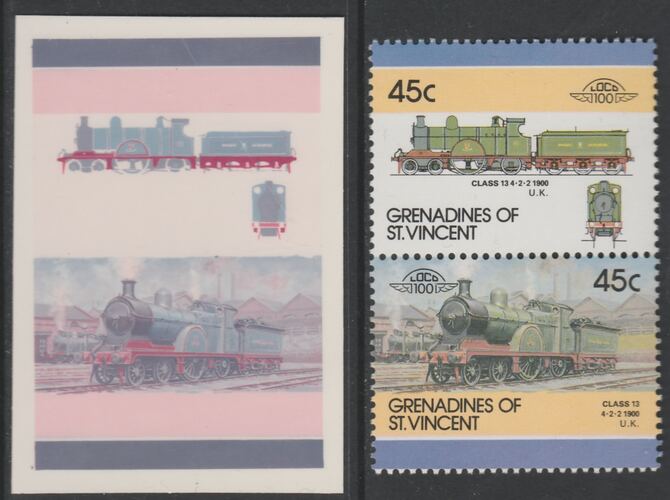 St Vincent - Grenadines 1986 Locomotives #6 (Leaders of the World) 45c 4-2-2 Class 13 se-tenant imperf die proof in magenta & cyan only on Cromalin plastic card (ex archives) complete with issued normal pair. (SG 445a). Cromalin proofs are an essential part of the printing proces, produced in very limited numbers and rarely offered on the open market., stamps on , stamps on stamps on railways