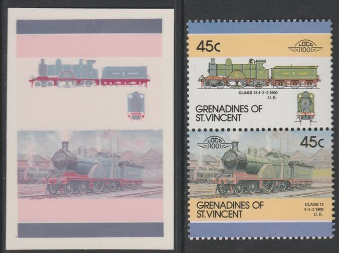 St Vincent - Grenadines 1986 Locomotives #6 (Leaders of the World) 45c 4-2-2 Class 13 se-tenant imperf die proof in magenta & cyan only on Cromalin plastic card (ex archives) complete with issued normal pair. (SG 445a). Cromalin proofs are an essential part of the printing proces, produced in very limited numbers and rarely offered on the open market., stamps on , stamps on  stamps on railways