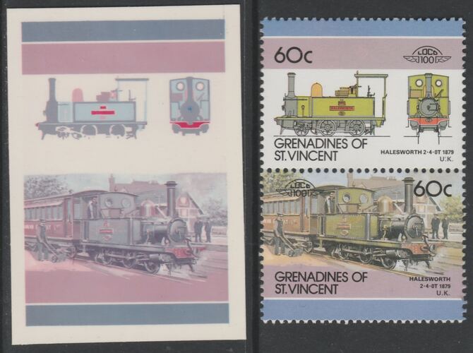 St Vincent - Grenadines 1986 Locomotives #6 (Leaders of the World) 60c Halesworth2-4-0T se-tenant imperf die proof in magenta & cyan only on Cromalin plastic card (ex archives) complete with issued normal pair. (SG 447a). Cromalin proofs are an essential part of the printing proces, produced in very limited numbers and rarely offered on the open market., stamps on , stamps on stamps on railways