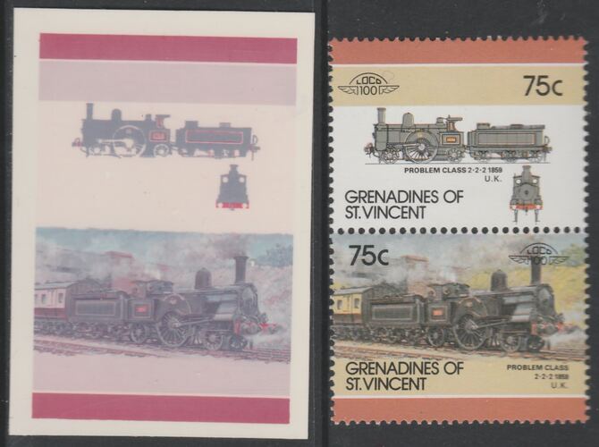 St Vincent - Grenadines 1986 Locomotives #6 (Leaders of the World) 75c Problem Class 2-2-2 se-tenant imperf die proof in magenta & cyan only on Cromalin plastic card (ex ..., stamps on railways
