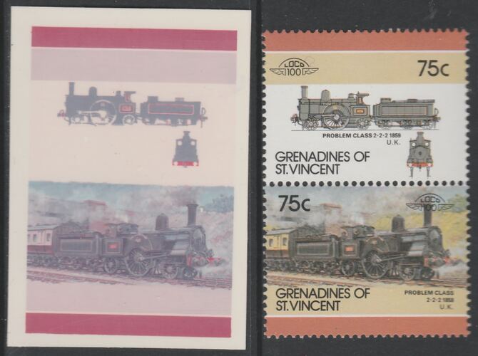 St Vincent - Grenadines 1986 Locomotives #6 (Leaders of the World) 75c Problem Class 2-2-2 se-tenant imperf die proof in magenta & cyan only on Cromalin plastic card (ex archives) complete with issued normal pair. (SG 449a). Cromalin proofs are an essential part of the printing proces, produced in very limited numbers and rarely offered on the open market., stamps on , stamps on stamps on railways