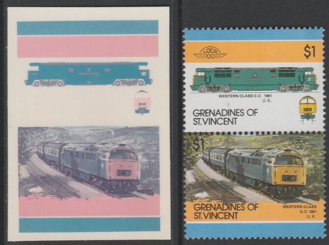 St Vincent - Grenadines 1986 Locomotives #6 (Leaders of the World) $1 Western Class se-tenant imperf die proof in magenta & cyan only on Cromalin plastic card (ex archives) complete with issued normal pair. (SG 451a). Cromalin proofs are an essential part of the printing proces, produced in very limited numbers and rarely offered on the open market., stamps on , stamps on  stamps on railways