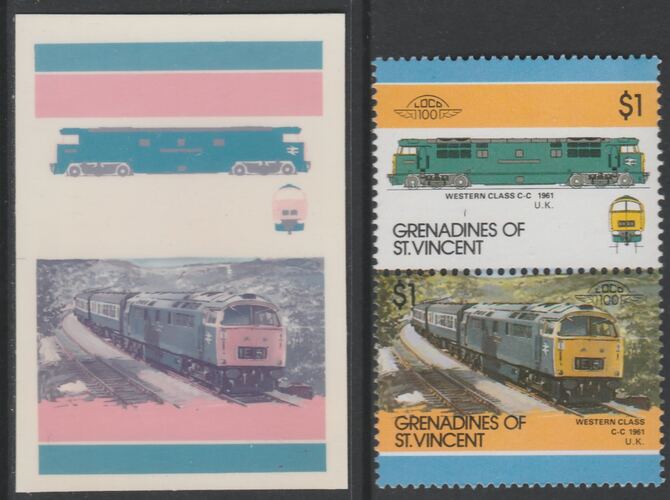 St Vincent - Grenadines 1986 Locomotives #6 (Leaders of the World) $1 Western Class se-tenant imperf die proof in magenta & cyan only on Cromalin plastic card (ex archives) complete with issued normal pair. (SG 451a). Cromalin proofs are an essential part of the printing proces, produced in very limited numbers and rarely offered on the open market., stamps on , stamps on stamps on railways