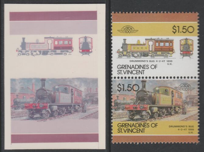 St Vincent - Grenadines 1986 Locomotives #6 (Leaders of the World) $1.50 Drummond's Bug 4-2-4T se-tenant imperf die proof in magenta & cyan only on Cromalin plastic card (ex archives) complete with issued normal pair. (SG 453a). Cromalin proofs are an essential part of the printing proces, produced in very limited numbers and rarely offered on the open market., stamps on , stamps on stamps on railways
