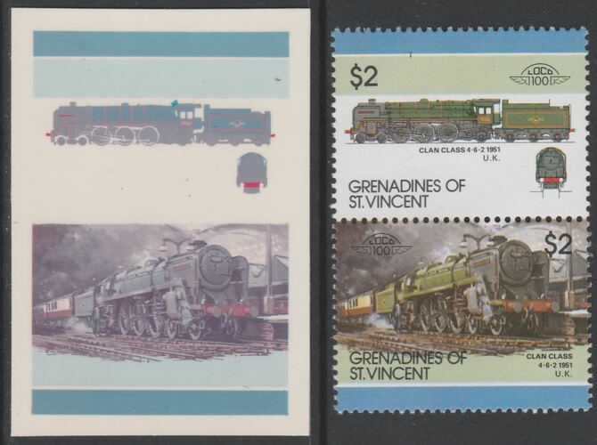 St Vincent - Grenadines 1986 Locomotives #6 (Leaders of the World) $2 Clan Class 4-6-2 se-tenant imperf die proof in magenta & cyan only on Cromalin plastic card (ex archives) complete with issued normal pair. (SG 455a). Cromalin proofs are an essential part of the printing proces, produced in very limited numbers and rarely offered on the open market., stamps on , stamps on  stamps on railways