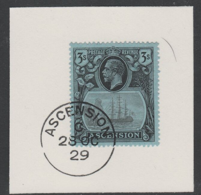 Ascension 1924-33 KG5 Badge 3s grey-black & black on blue (SG20) on piece with full strike of Madame Joseph forged postmark type 20, stamps on , stamps on  stamps on , stamps on  stamps on  kg5 , stamps on  stamps on 