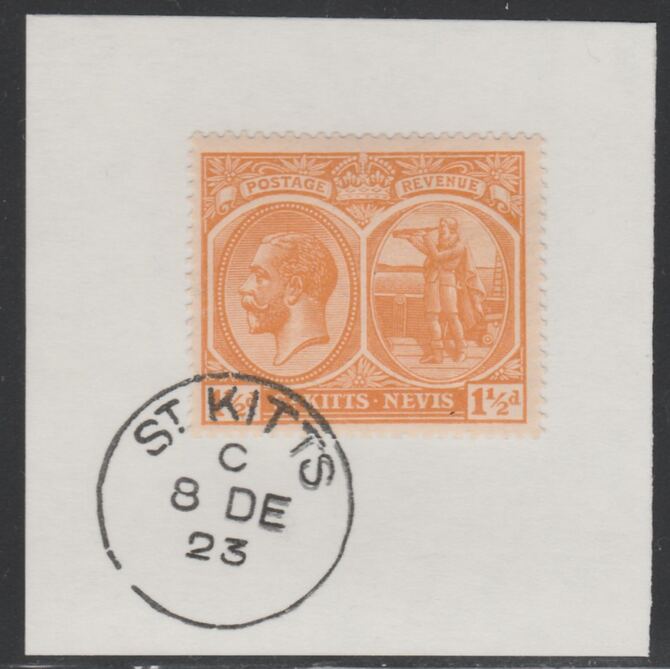 St Kitts-Nevis 1920-22 KG5 Columbus 1.5d orange SG 26 on piece with full strike of Madame Joseph forged postmark type 347, stamps on , stamps on  stamps on , stamps on  stamps on  kg5 , stamps on  stamps on columbus, stamps on  stamps on explorers