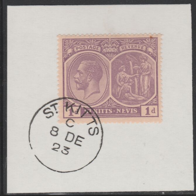 St Kitts-Nevis 1920-22 KG5 Medicinal Spring 1d deep violet SG39 on piece with full strike of Madame Joseph forged postmark type 347, stamps on , stamps on  stamps on , stamps on  stamps on  kg5 , stamps on  stamps on 