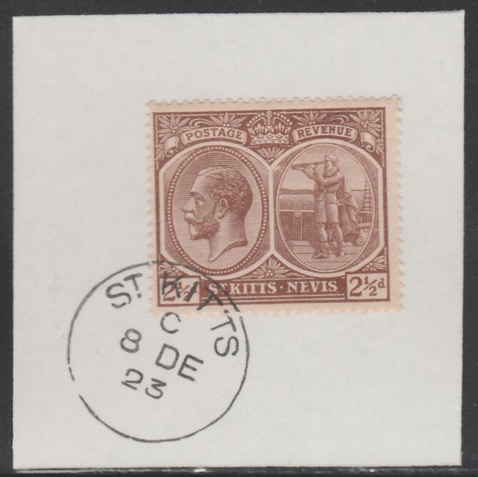 St Kitts-Nevis 1920-22 KG5 Columbus 2.5d brown SG 43 on piece with full strike of Madame Joseph forged postmark type 347, stamps on , stamps on  kg5 , stamps on columbus, stamps on explorers