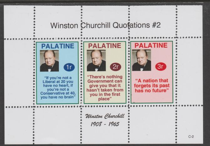 Palatine (Fantasy) Quotations by Winston Churchill #2 perf deluxe glossy sheetlet containing 3 values each with a famous quotation,unmounted mint, stamps on personalities, stamps on churchill, stamps on 