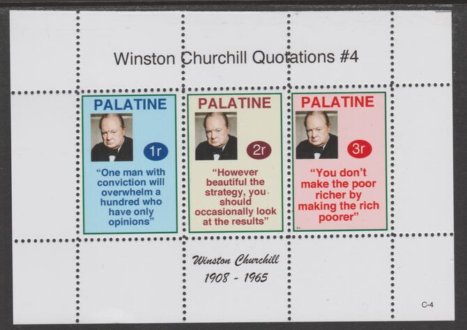 Palatine (Fantasy) Quotations by Winston Churchill #4 perf deluxe glossy sheetlet containing 3 values each with a famous quotation,unmounted mint, stamps on personalities, stamps on churchill, stamps on 